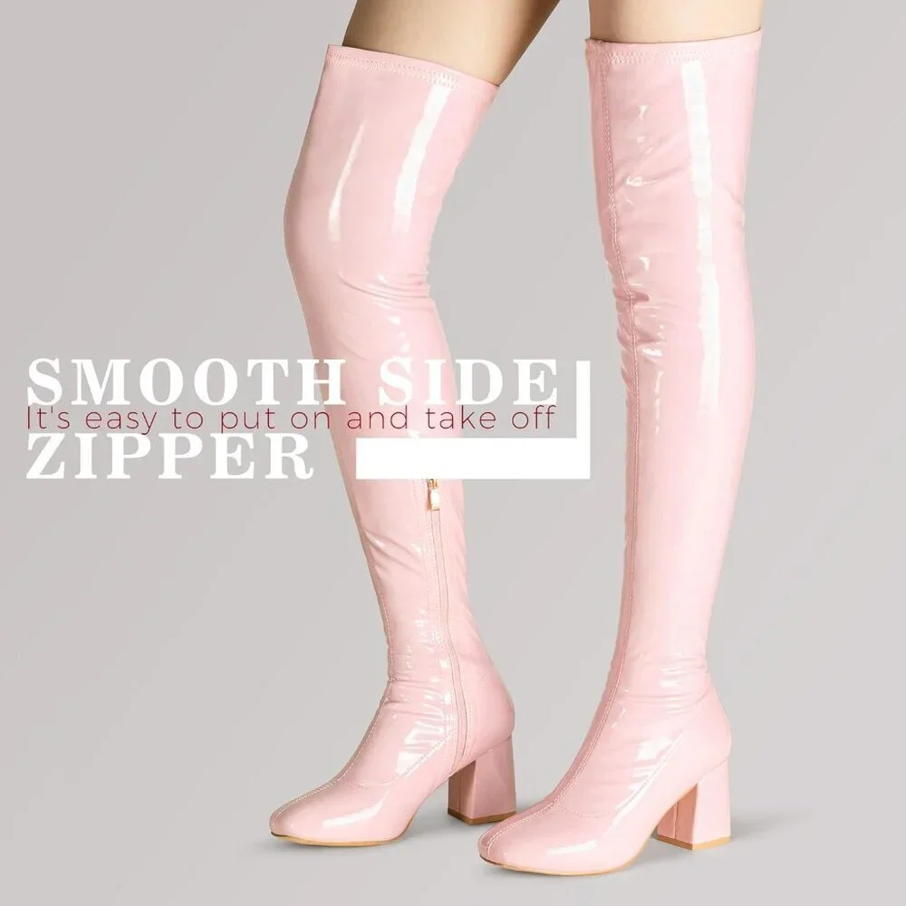 Women Pink Patent Leather PU Chunky Heel Over The Knee Square Toe Long Boot